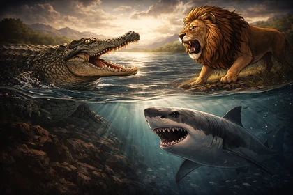 Coccodrillo e leone si fronteggiano, mentre sotto l’acqua si intravede uno squalo bianco.
