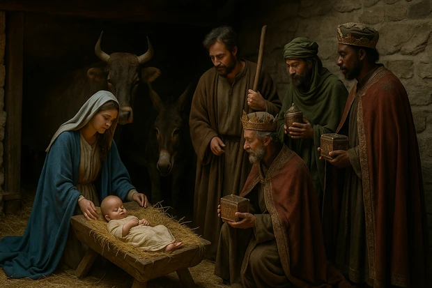 Presepe realistico con Maria, Giuseppe, Gesù Bambino e i Re Magi in una stalla.