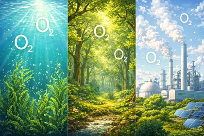 Sezioni che rappresenta oceani, foreste e attività umane, tutte collegate al tema dell’ossigeno