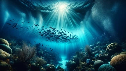 Raggio di sole che penetra le acque blu dell'oceano illuminando la vita marina sottostante.