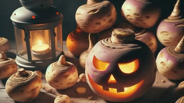 Diverse rape disposte su un tavolo di legno. Tra di esse, una è stata trasformata in lanterna di halloween.