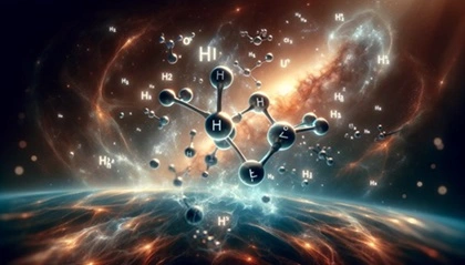 Molecole di idrogeno, visualizzate in modo creativo e astratto, simboleggianti l'abbondanza dell'idrogeno nell&#