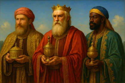 I tre Re Magi in abiti dell’epoca, con oro, incenso e mirra sotto la luce del giorno.