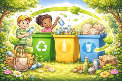 Riciclo dei rifiuti attraverso la separazione di materiali di uso quotidiano in contenitori diversi