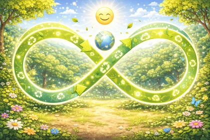 Grande simbolo dell’infinito verde in una foresta, il pianeta Terra al centro e il sole sopra