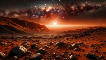 Rocce su un pianeta simile a Marte con cielo arancione