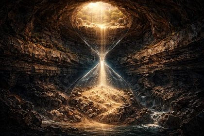 Tempo geologico con sabbia e rocce antiche illuminate dalla luce, che rappresenta il passare di milioni di anni