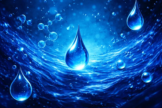 Rappresentazione del sangue blu di un animale marino, con gocce e tonalità blu intense che richiamano l’emocianina.