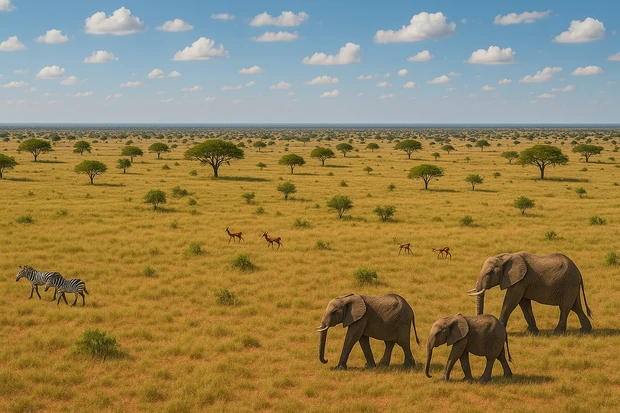 Veduta aerea della savana africana con elefanti, zebre e antilopi.