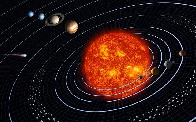 Raffigurazione artistica del Sistema solare. I corpi celesti e le distanze non sono in scala.