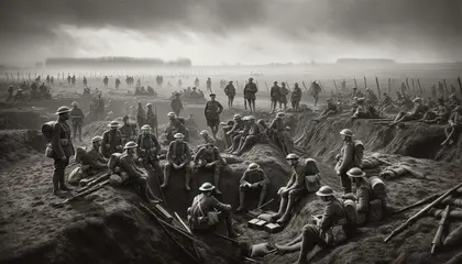 Soldati che attendono l'assalto nemico dietro un fossato all'inizio del primo conflitto mondiale (1914).
