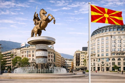 Statua di Alessandro Magno in Piazza Macedonia a Skopje, capitale della Macedonia del Nord,