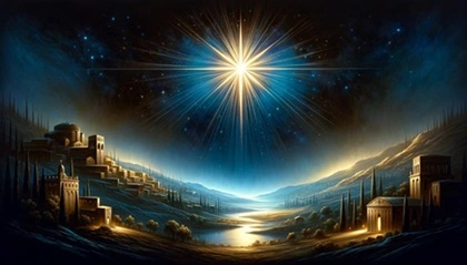 La Stella di Betlemme brillante in un cielo notturno sopra un paesaggio antico