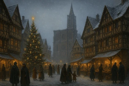 Strasburgo nel 1500 con case a graticcio, cattedrale gotica e albero di Natale sotto la neve.