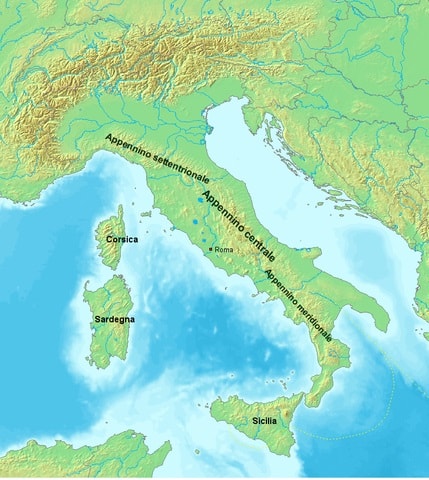 Mappa fisica dell'Italia con la suddivisione degli Appennini.