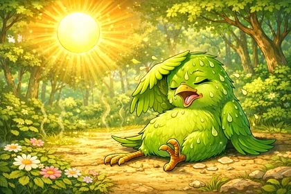 Uccello affaticato dal caldo in una foresta, con il sole intenso che rappresenta l’aumento delle temperature globali.