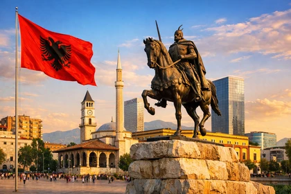 Tirana, capitale dell’Albania, con la statua equestre di Skanderbeg in Piazza e bandiera albanese