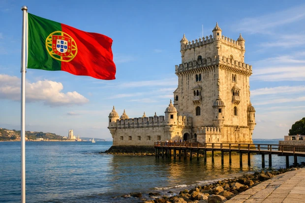 Torre di Belém a Lisbona lungo il fiume Tago, con la bandiera del Portogallo