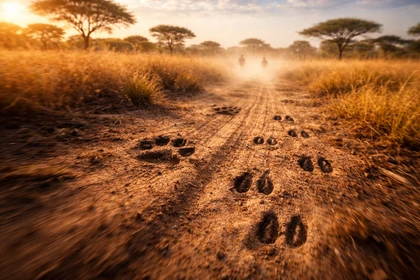 Tracce fresche di un predatore e di un’antilope su un sentiero della savana africana, movimento e velocità.