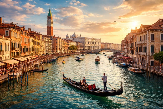 Venezia al tramonto con il Canal Grande, gondole sull’acqua e i palazzi storici illuminati dalla luce dorata