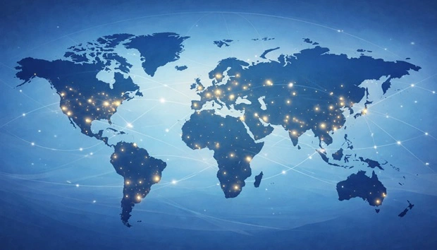 Mappa del mondo con capitali evidenziate da luci e collegamenti globali. Quiz di Capitali del mondo.