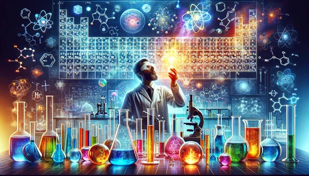 Laboratorio chimico con scienziato, becher colorati, tavola periodica e formule. Quiz di chimica.