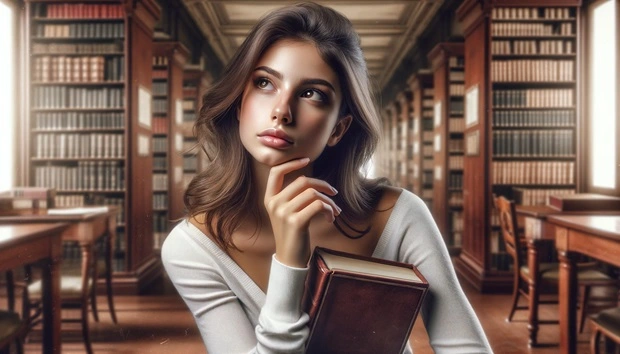 Ragazza assorta nei pensieri, seduta in una biblioteca con un libro in mano, studio e riflessione. Quiz di cultura generale.