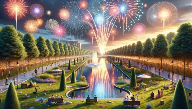 Scena festosa in un parco e fuochi d'artificio. Quiz di feste e celebrazioni.